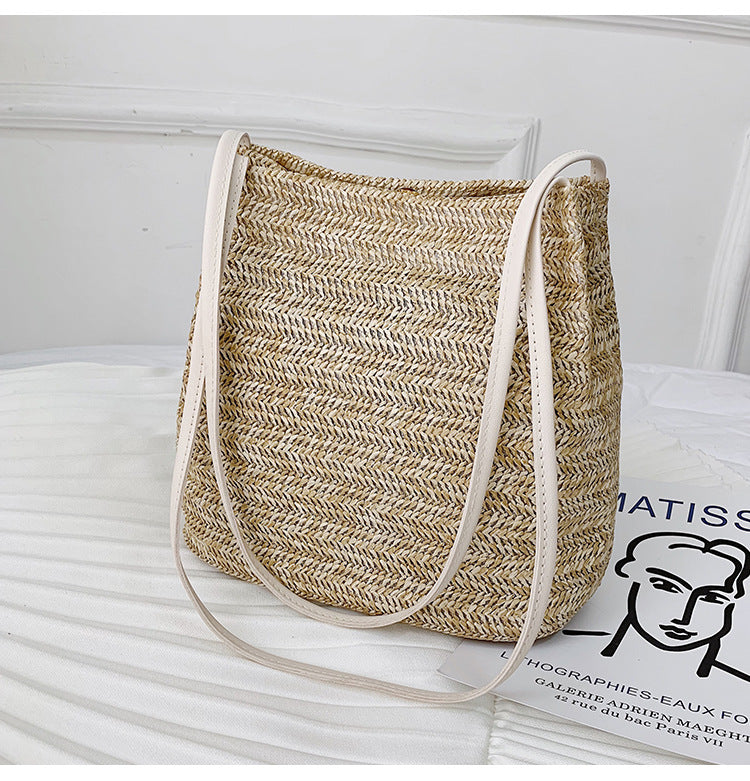 Women's Simple Fashion Straw Shoulder Bucket Bag