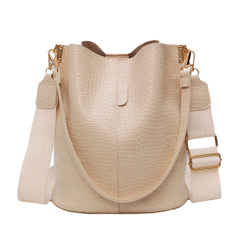 Crocodile Pattern Shoulder Bucket Bag with Wide Strap