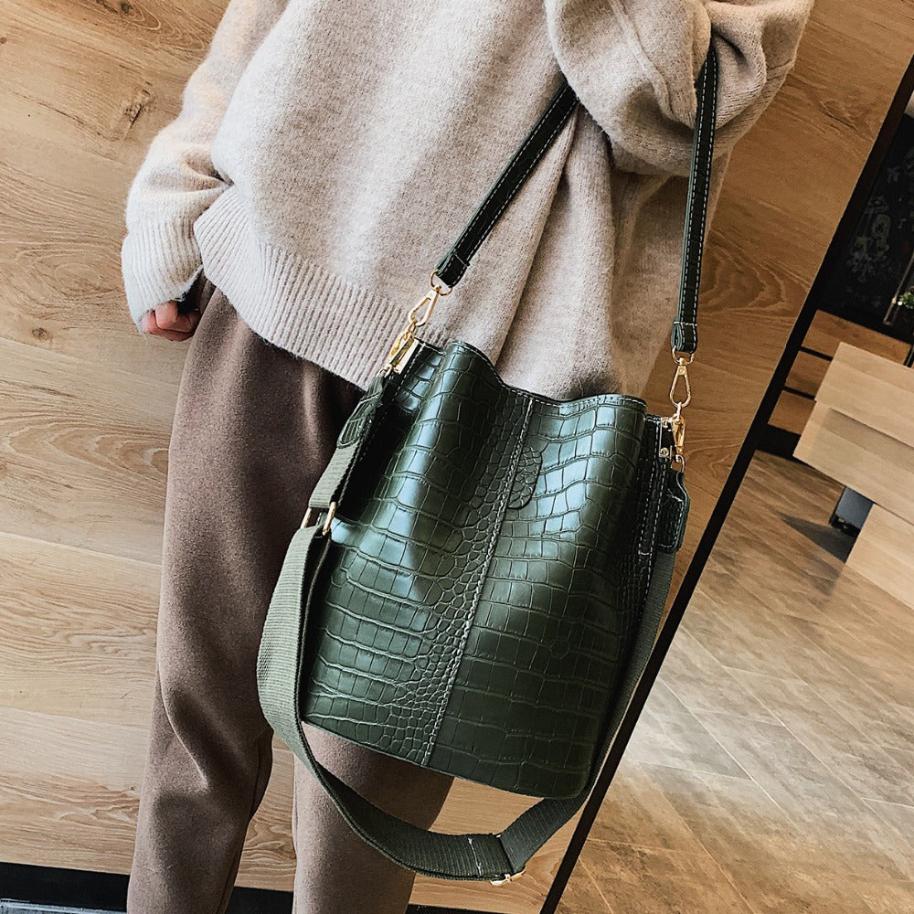 Crocodile Pattern Shoulder Bucket Bag with Wide Strap