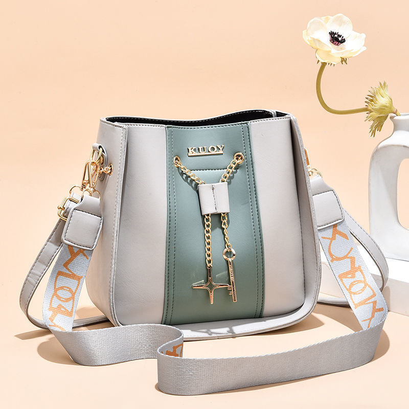 Women's Color Contrast Bucket Bag with Wide Strap