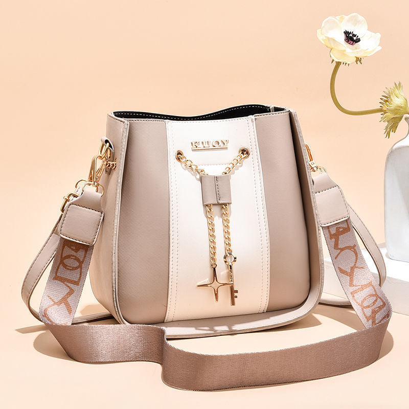 Women's Color Contrast Bucket Bag with Wide Strap