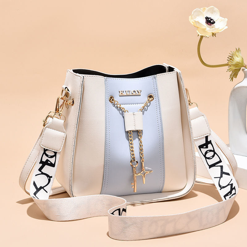 Women's Color Contrast Bucket Bag with Wide Strap