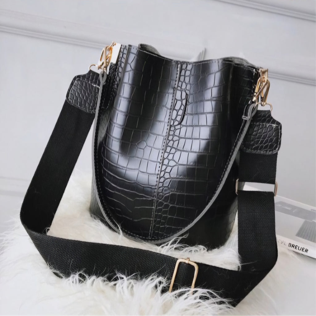 Crocodile Pattern Shoulder Bucket Bag with Wide Strap