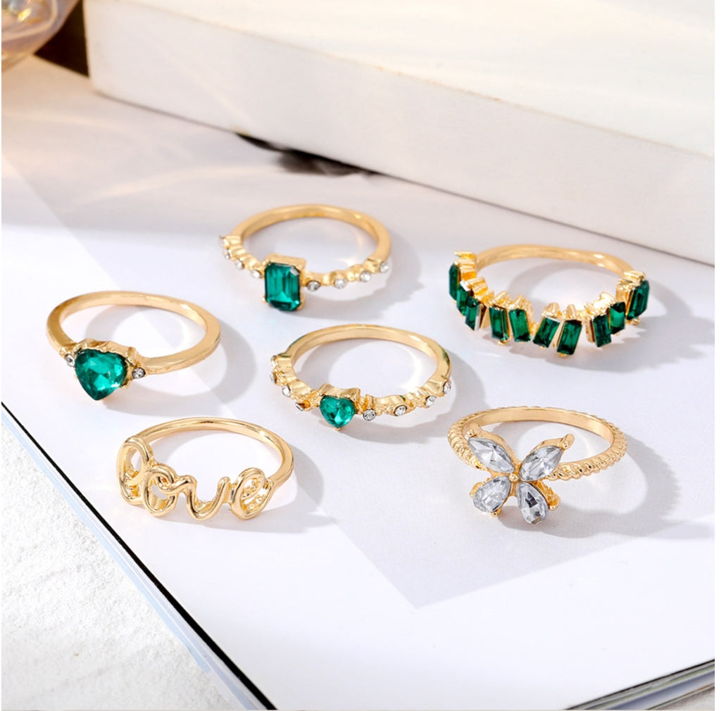 Retro Butterfly Ring Set with Emerald and Zircon (6 Pieces)