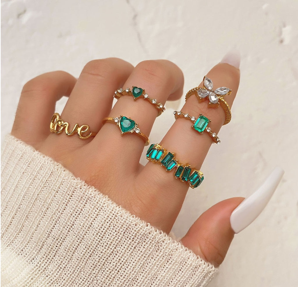 Retro Butterfly Ring Set with Emerald and Zircon (6 Pieces)