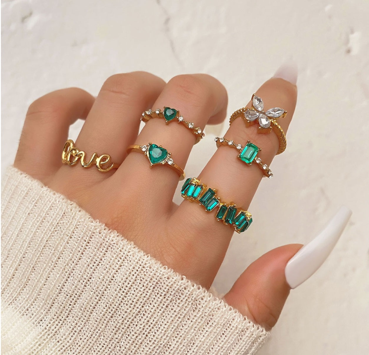 Retro Butterfly Ring Set with Emerald and Zircon (6 Pieces)