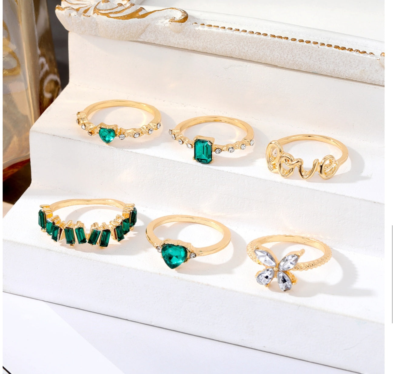 Retro Butterfly Ring Set with Emerald and Zircon (6 Pieces)