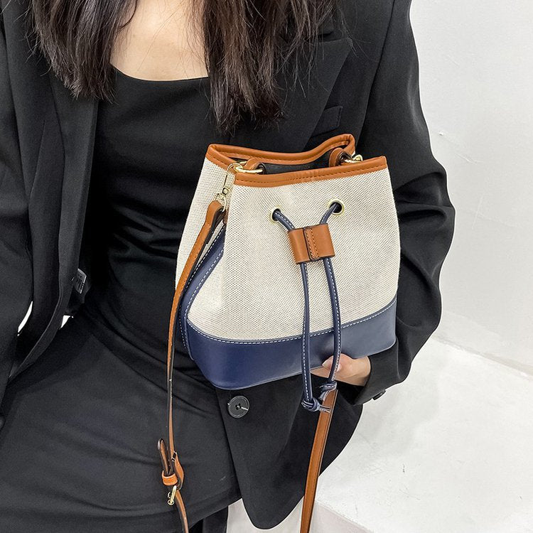 Women's Canvas Color Contrast Bucket Shoulder Bag