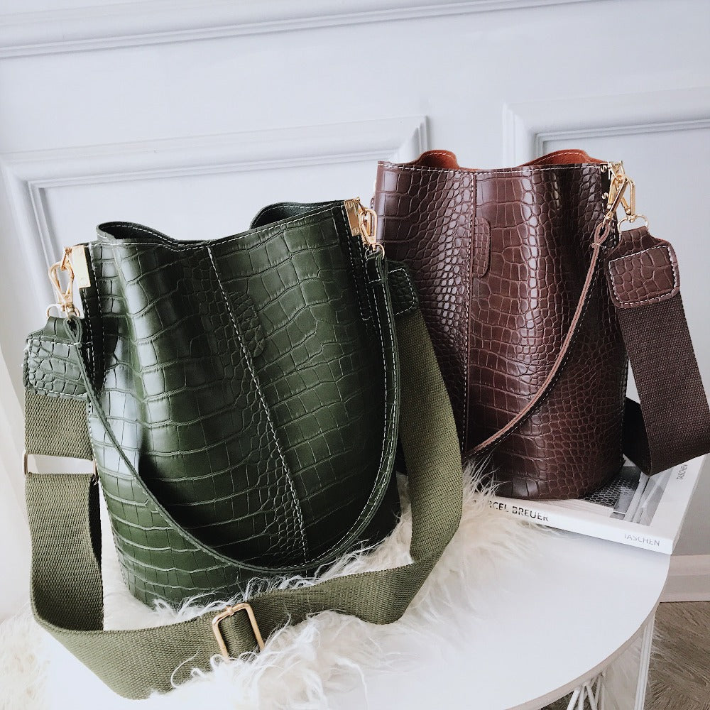 Crocodile Pattern Shoulder Bucket Bag with Wide Strap