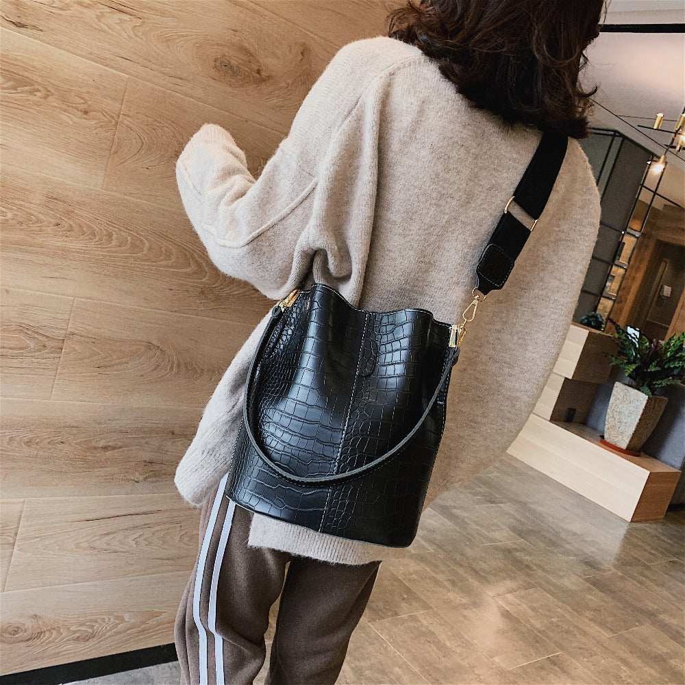 Crocodile Pattern Shoulder Bucket Bag with Wide Strap